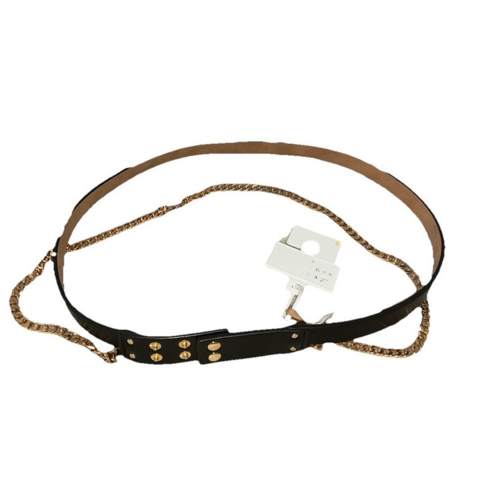 A New Day Double Belt Women's S Black Gold Faux Leather Metal Chain 28" NEW